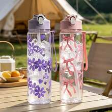 1pc 750ml Baby Water Bottle With Bow, Cartoon Pattern, Anti-Drip Straw Cup, Portable Leak-Proof Baby Water Bottle, Large Capacity Sports Water Bottle For Summer - Clear - View 2