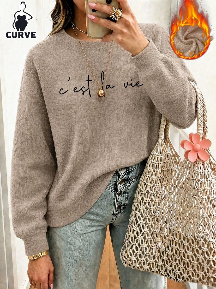 Sweat-shirt tricoté grande taille pour femmes, imprimé avec le slogan << C'est La Vie », Sweat-shirt décontracté chaud à manches longues coupe régulière pour l'automne, vêtements d'automne pour femmes, tenue d'automne pour femmes, costume d'Halloween pour femmes, tenues de vacances pour femmes T - Camel - Voir 1