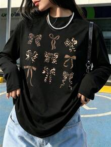 Kaos Lengan Panjang Leher Bulat Motif Pita Leopard Ukuran Besar, Atasan Kasual Musim Gugur yang Lucu untuk Wanita - Hitam - View 4