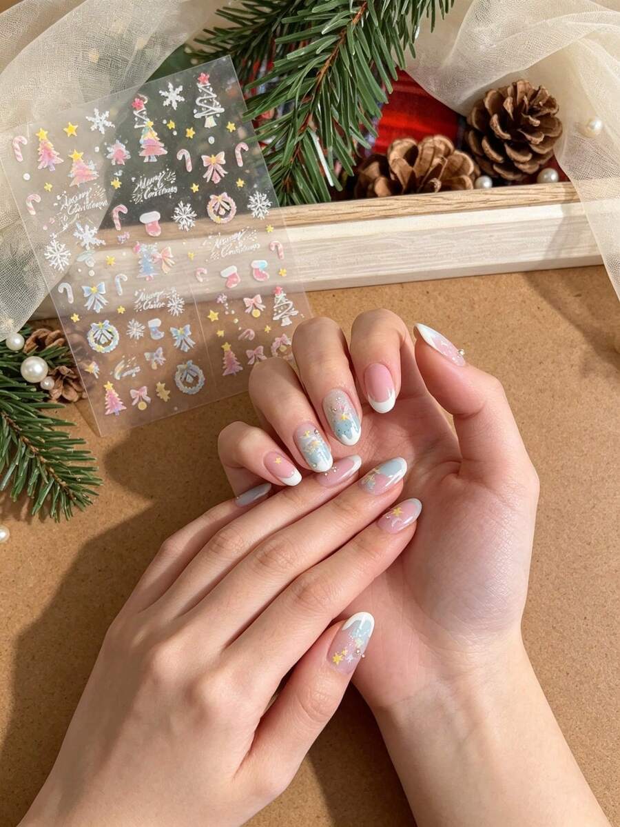1 Sheet Pink Shell Light Christmas Nail Stickers, Sparkly Snowflake & Candy Cane Self-Adhesive Nail Decals, Sweet Xmas DIY Manicure Supplies - Multicolor - View 1