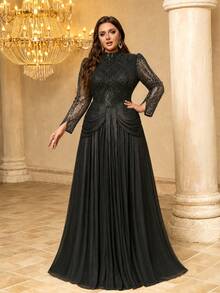 UNITHORSE [Random Cut] Plus Size Women Elegant Stand Collar Straight Long Sleeve Cuff Slit Sequin Patchwork Faux Silk Formal Evening Gown Dress - Black - View 4