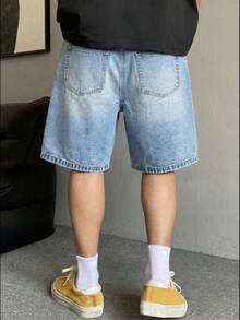 Men's Summer Non-Stretch Denim Shorts Straight Leg Mid-Thigh Length, Cotton - Blue - View 3