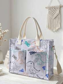 1pc Dinosaur Print Corduroy Multi-Pocket Large Capacity Storage, Snap Button Closure, Shoulder Tote Bag For Women Daily Commute School - Multicolor - View 9