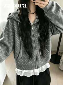 Korean Vintage Polka Dot & Striped Casual Versatile Slimming Patchwork Hooded Sweatshirt Jacket For Women - Grey - View 8
