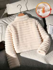 Autumn/Winter Tween Girls Casual Solid Color Open Front Zipper Short Plush Jacket, Suitable For Autumn/Winter Outings, Plush Texture Long Sleeve Design - Apricot - View 3