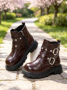1 Pair Girls' Motorcycle Boots, Soft PU + Shiny Rhinestone Studs Decor, Round Toe Elastic Soft Sole With Inner Zipper Design, Sweet & Cool Princess Boots, Suitable For Students' Daily Campus & Outdoor Wear, Autumn/Winter New Style - Coffee Brown - View 4