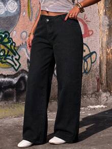 Plus Size Black Denim Straight Leg Pants, Zipper Decor, Long Loose Fit Non-Stretch Y2K Style - Black - View 3