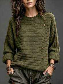 Sweater Lengan Panjang Kasual Minimalis Warna Polos Musim Gugur/Dingin - Hijau Tentara - View 1