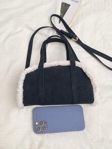 1pc Maillard Vintage Style Lamb Wool Patchwork Handbag, Adjustable Shoulder Strap Crossbody Small Bag, Lightweight Shoulder Bag. Suitable For Girls/Children/Students, Perfect For Autumn Outings, Shopping, Daily Commute. - Multicolor - View 3