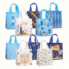 Happy Festival Non-Woven Fabric Reusable Blue & White Party Gift Tote Bag, Menorah Dreidel Star Of David Print Handle Bag, Suitable For Holiday Gift Giving, Random Style - Multicolor - View 7