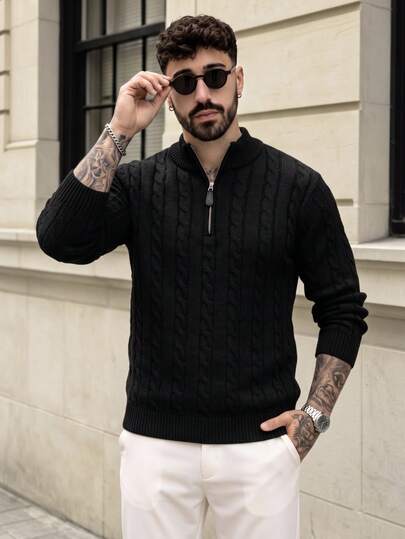 Lookun Suéter de punto para hombre con cuello semi alto, hombros caídos, estilo minimalista japonés para oficina, otoño/invierno