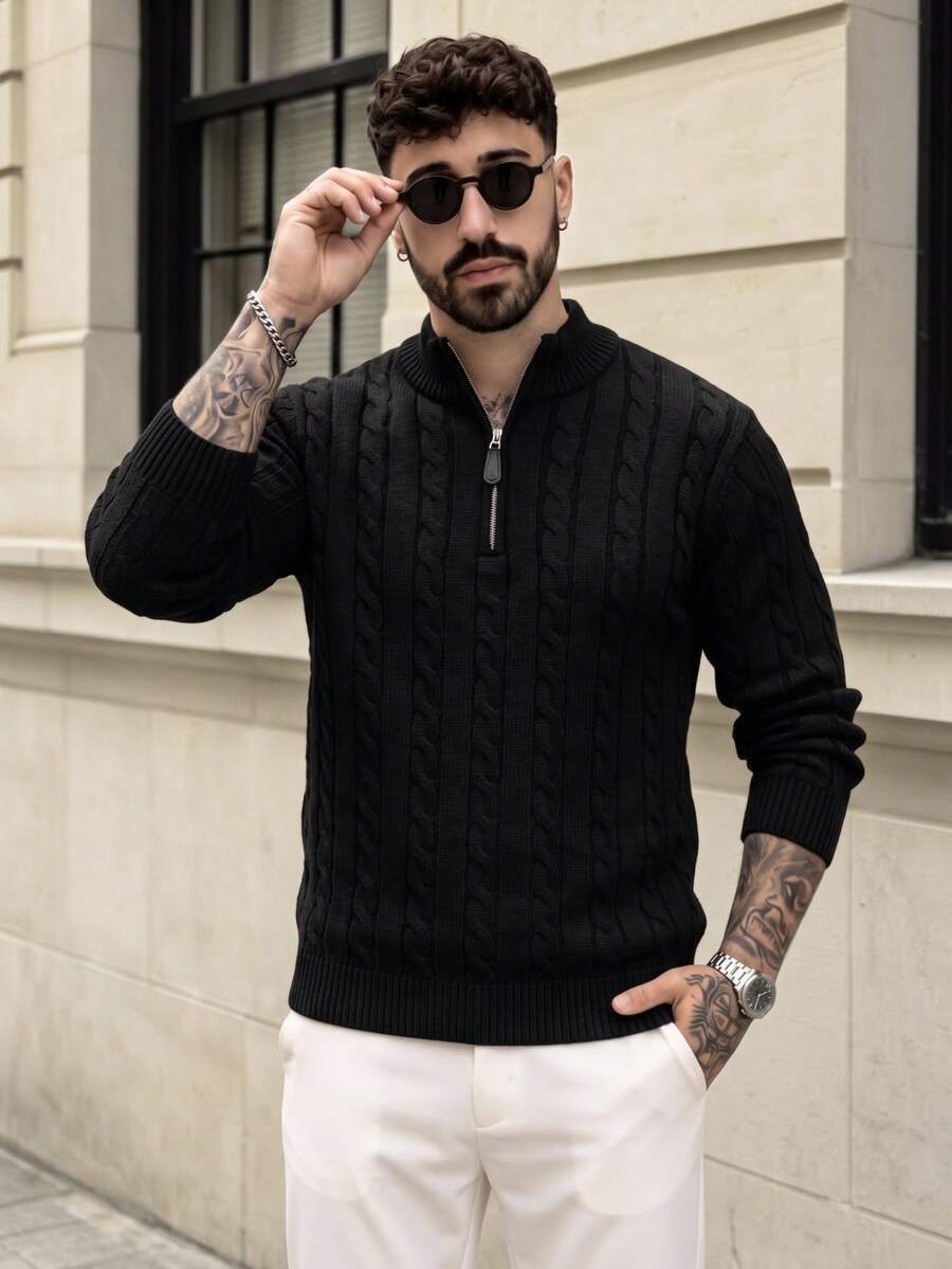 Lookun Men's Knitted Sweater Business Semi-High Neck Dropped Shoulder Commuter Japanese Minimalist Style Autumn/Winter - Black - View 1