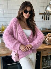 Senya 2026 Women's Pink Fluffy Knit Cardigan, Loose V-Neck Button Front Sweater, Plush Luxury, Sweet And Cute, Suitable For Autumn/Winter Wear, Fashionable And Versatile - Pink - View 8