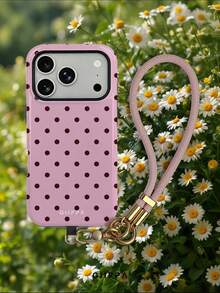 GIIPPA 1件淡粉色底棕色波點設計手機殼，附腕帶，適用於Phone17 Pro Max，相容Phone16 Pro Max、15 Pro Max、14 Pro Max，韓系高端時尚趣味手機殼，適合11/12/13/14/15/16 Pro Max Plus，男女皆宜的優雅設計，聖誕節、情人節、復活節、婚禮季與生日送女友的完美禮物 - 粉色 - 查看 10