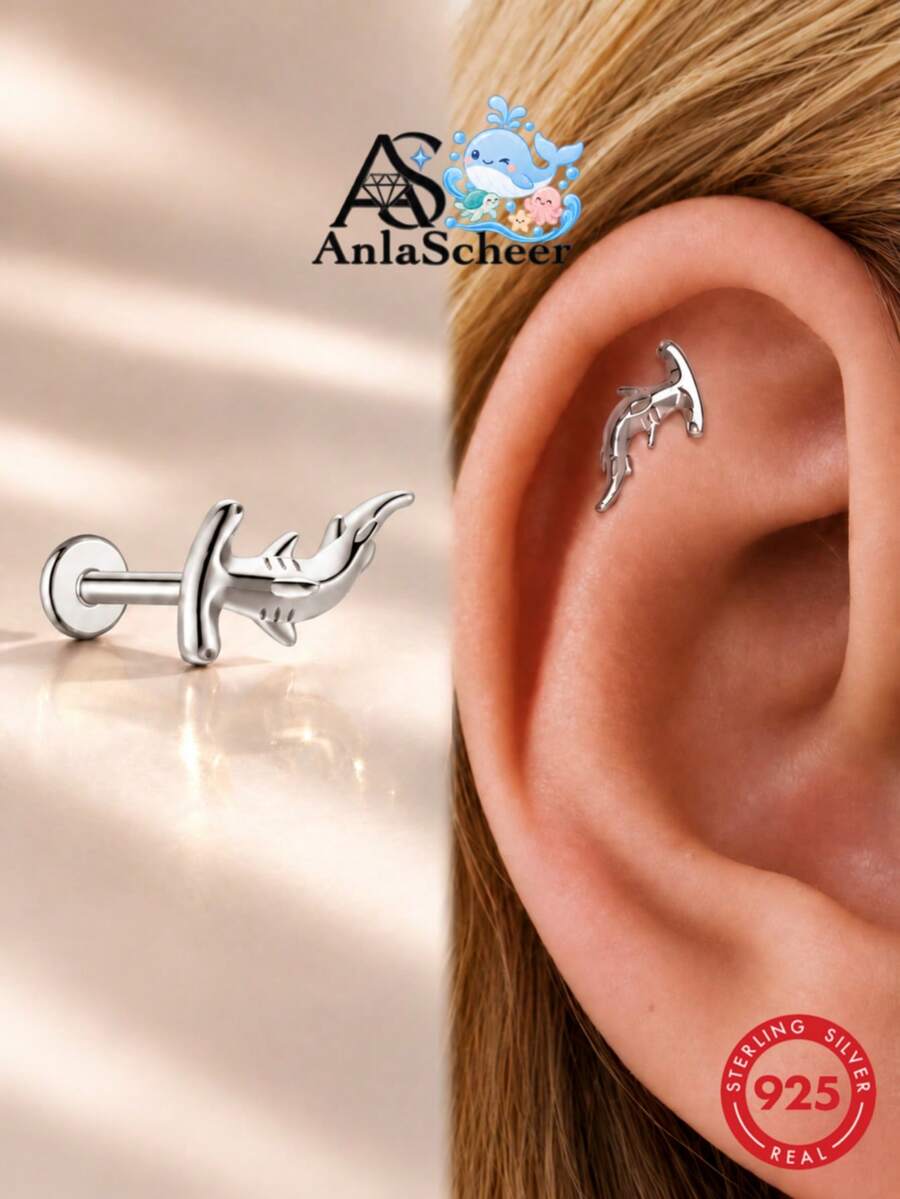 AnlaScheer 1pc Exquisite Fashion 925 Sterling Silver 18K Gold Plated Cute Marine Creature Flat Back Stud Earrings, Hypoallergenic, Women Girls Daily Party Gift