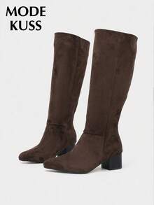 MODE KUSS Women's Popular Pointed Toe Chunky Heel Knee-High Boots - Brown - View 2