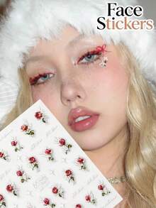 1pc Autumn New Christmas Snow Scene Rose Sticker, Autumn/Winter Christmas Makeup Decoration Decal DIY Embellishment, Y2K Gothic Style, Face Sticker With Self-Adhesive Backing - Multicolor - View 1