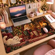 1pc Christmas Cat Mouse Pad, Cute Cats With Christmas Tree And Fireplace Holiday Scene Extended Desk Mat For Home Office, Gaming And Seasonal Decor - View 3