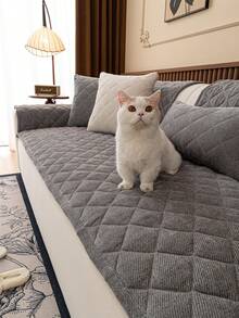 1pc Comfortable Solid Color Diagonal Ribbed Macaron Velvet Sofa Cushion, Non-Slip Machine Washable, 3D Textured Furniture Protector Cover, Suitable For Home Use - Dark Grey - View 6