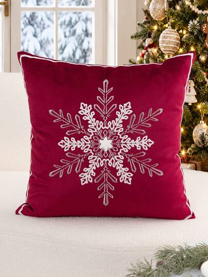 1 pieza Funda de almohada bordada con copos de nieve rojos navideños, adecuada para decoración interior, decoración navideña, funda de almohada para todas las estaciones, sin relleno