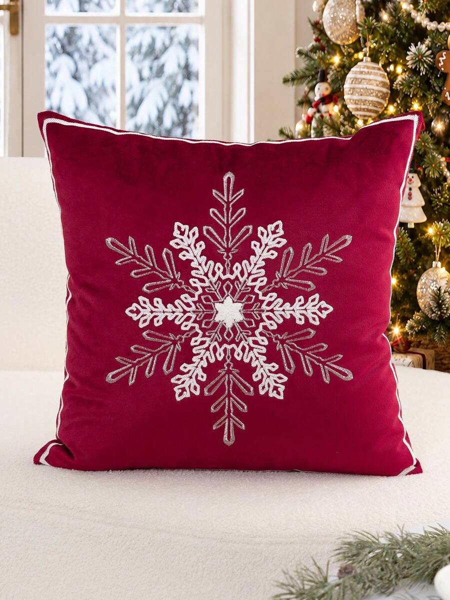 1件裝聖誕紅色雪花刺繡枕套，適合室內裝飾、聖誕裝飾，四季通用，不含枕芯