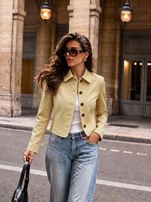 Women's Khaki Lapel Long Sleeve Short Shirt Jacket, Non-Stretch Woven Fabric, Create Eye-Catching Casual Look - Apricot - View 3