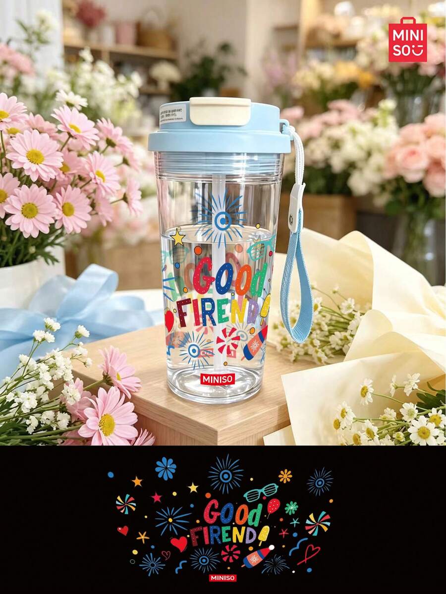 MINISO Transparent Water Cup, Cute Little Dinosaur Pattern Coffee Cup, Clean And Refreshing, 550ML Transparent Water Cup, Straw, Travel, Easy To Carry; Valentine's Day Gift. - Baby Blue - View 1