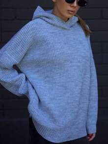 Plus Size Women's Fashion Elegant Solid Color Premium Hooded Sweater, Autumn/Winter, Suitable For Daily Wear, Dating, Holiday - Blue - View 3