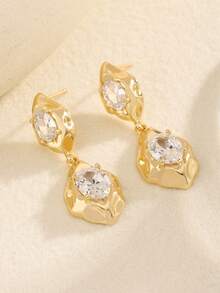 2pcs Fashionable Elegant 18K Gold Plated Oval Cubic Zirconia Earrings, Featuring Lava Element, Designed For Women, Suitable For Daily/Date/Holiday Occasions - Gold - View 7