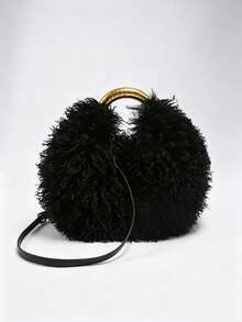 Women's Top Handle Handbag,Solid Color,Curly Faux Fur, Golden Metal Ring & Detachable Strap,Crossbody & Handheld,Luxury Fluffy Style,Party Daily Use - Black - View 7