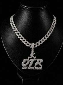 ON THE RUN Letter Pendant Cuban Chain, Personalized Running Figure Design Gold & Silver Dual-Tone Necklace, Hip Hop Rap Men's Gift Jewelry - Off-the-road - View 3