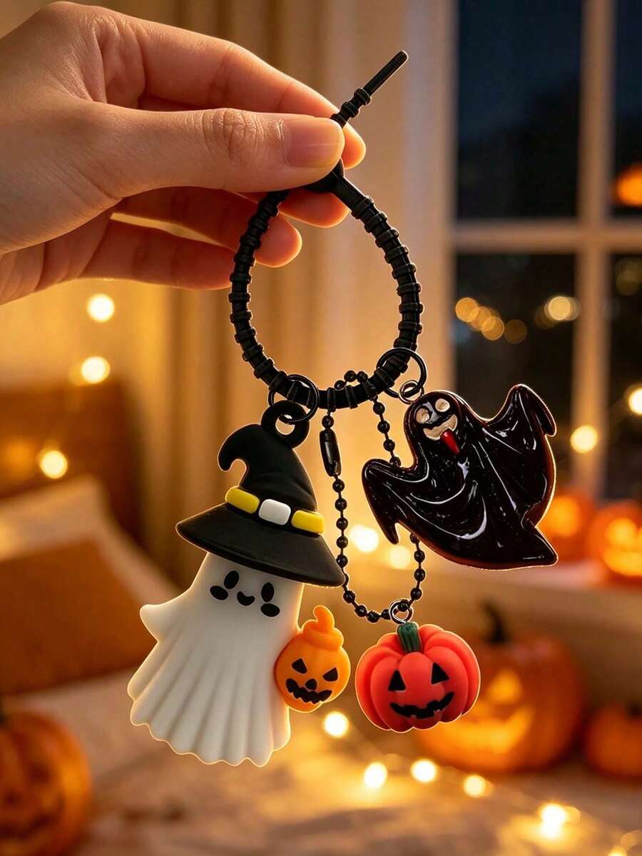 Cute Halloween Ghost Pumpkin Keychain, Witch Hat Bag Charm, Spooky Cute Pendant, Resin Key Ring Pendant, Suitable For Car Keys Backpack, Halloween Gift, Party Gift - Multicolor - View 1