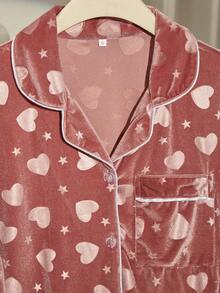 Women's Autumn/Winter Heart & Star Pattern Velvet Trim Front Pocket Long Sleeve Pants Pajama Set Loungewear - Dusty Pink - View 3