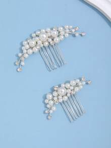 2pcs Pearl Minimalist Versatile Bridal Hair Combs Hair Accessories Suitable For Wedding And Daily Occasions - Silver - View 5