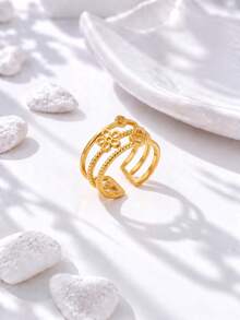 Cincin Berongga Hati Bunga Berlapis-lapis Elegan Gaya Vintage Prancis, Cincin Jari Telunjuk Terbuka yang Dapat Disesuaikan Gaya INS Wanita, Desain Niche Kelas Atas, Perhiasan Serbaguna untuk Pesta dan Sehari-hari, Hadiah - Emas - View 3