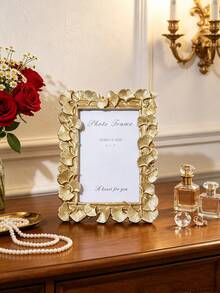 1pc European Style Gold Ginkgo Leaf Decorative Photo Frame, Horizontal/Vertical Use, Includes 1 Random Insert Paper, Ginkgo Carved Resin Desktop Frame, Vanity Photo Frame, Gilded Tabletop Frame, Cream Style Photo Frame Decor, Suitable For Photo Display Home Decor, Wedding Photo Frame, Portrait Frame, Soft Furnishing Frame, Studio Photo Frame, Housewarming Gift Photo Frame - Gold - View 5
