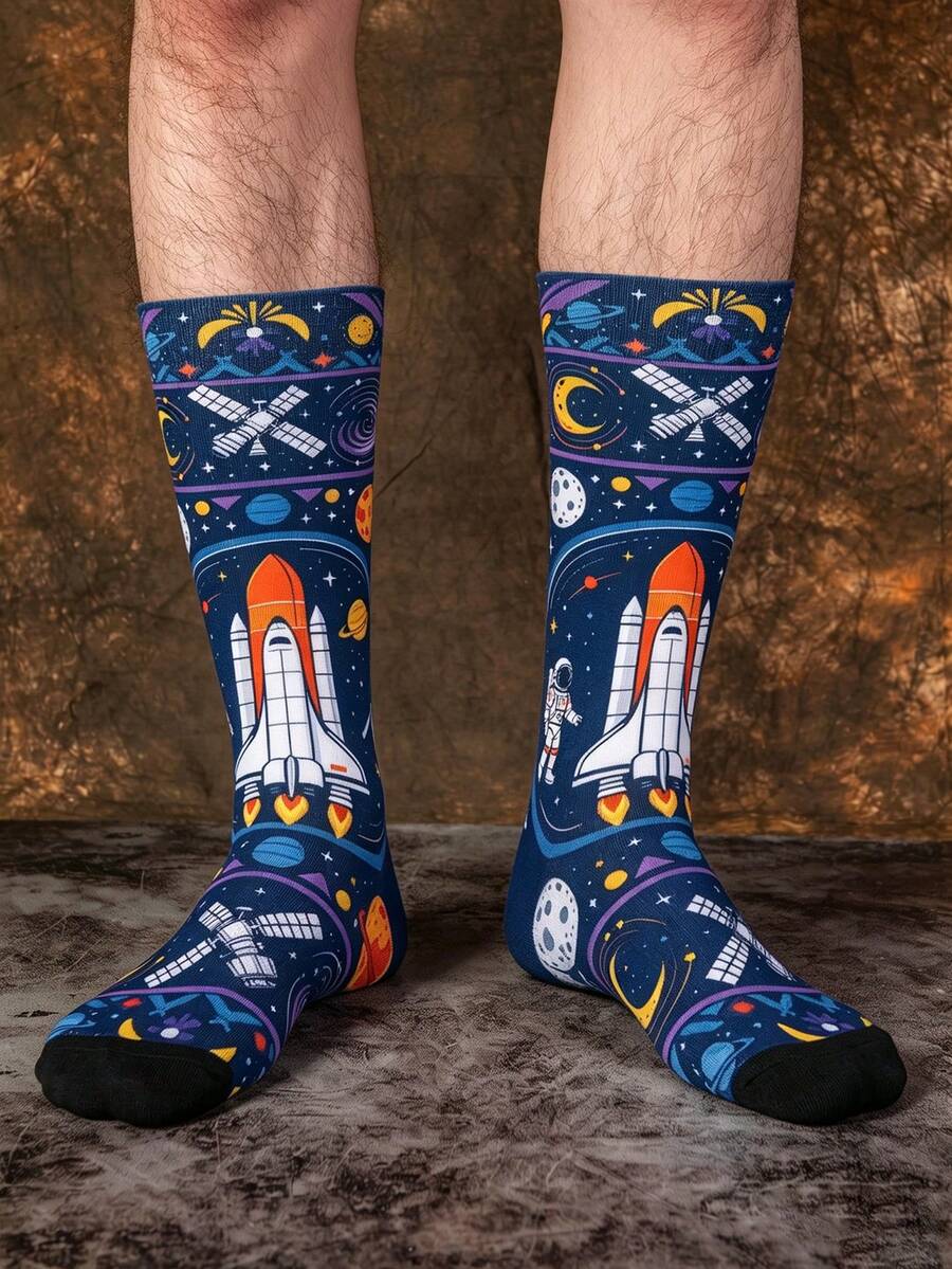1/3 Pairs Creative Colorful Fun Space Jacquard Mid-Calf Socks, Street Style Astronaut Print Halloween Socks - Multicolor - View 1