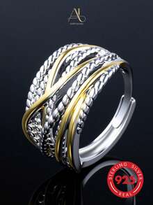 1pc Vintage Two-Tone S925 Sterling Silver Twisted Rope Textured Polished Gold-Tone Intertwined Wide Open Ring For Women, Daily Wear Gift - Multicolor - View 5