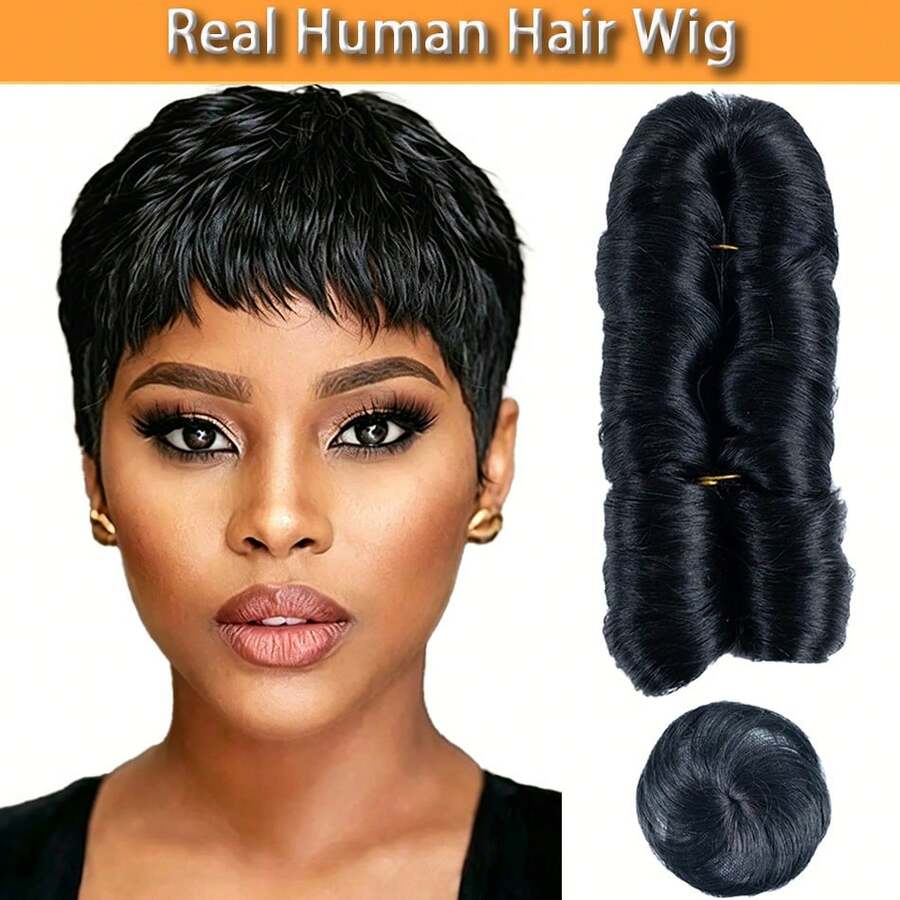 28pcs Brazilian Human Hair Extensions Human Hair With A Closure, These Short Hairpieces For Women Feature Straight Short Human Hair Wigs Ideal For Party Cosplay Festivals Halloween Costume