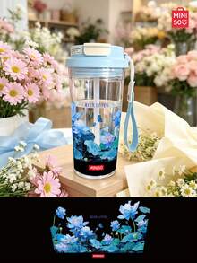 MINISO Transparent Water Cup, Cute Little Dinosaur Pattern Coffee Cup, Clean And Refreshing, 550ML Transparent Water Cup, Straw, Travel, Easy To Carry; Valentine's Day Gift. - Baby Blue - View 1