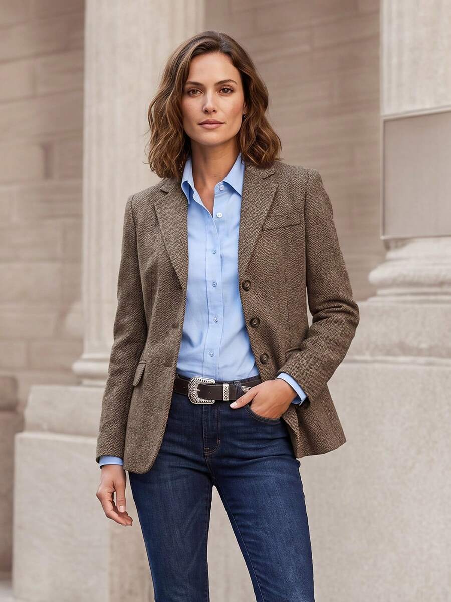 女款都會復古優雅極簡通勤魚骨紋長袖夾克,附口袋與內裡,適合街頭、辦公室、通勤、度假與週末短途旅行 - 深棕色 - 查看 1
