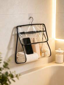 1pc Clear Transparent Hanging Storage Bag, Simple Style PVC Rectangular Organizer With Dual Compartment Design, Wall Mount Pouch For Holding Towels And Small Items For Bathroom Daily Home Use - Multicolor - View 9