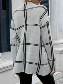 Women's Plaid Loose Casual Side Slit Stand Collar Knit Sweater Pullover, Autumn/Winter Base Layer Knit Top - White - View 5