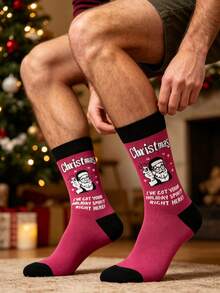 1 Pair Men's Funny Santa Claus Christmas Mid-Calf Socks, Rose Red Base With Black & White Cartoon Character And English Slogan, Black Cuff, Heel And Toe Contrast Design, Unisex Soft Thick Breathable Casual Socks For Autumn/Winter, Daily Wear, Home Lounging, Christmas Theme Party, Holiday Outfit, Creative Personalized Christmas Gift For Boyfriend/Girlfriend - Multicolor - View 4