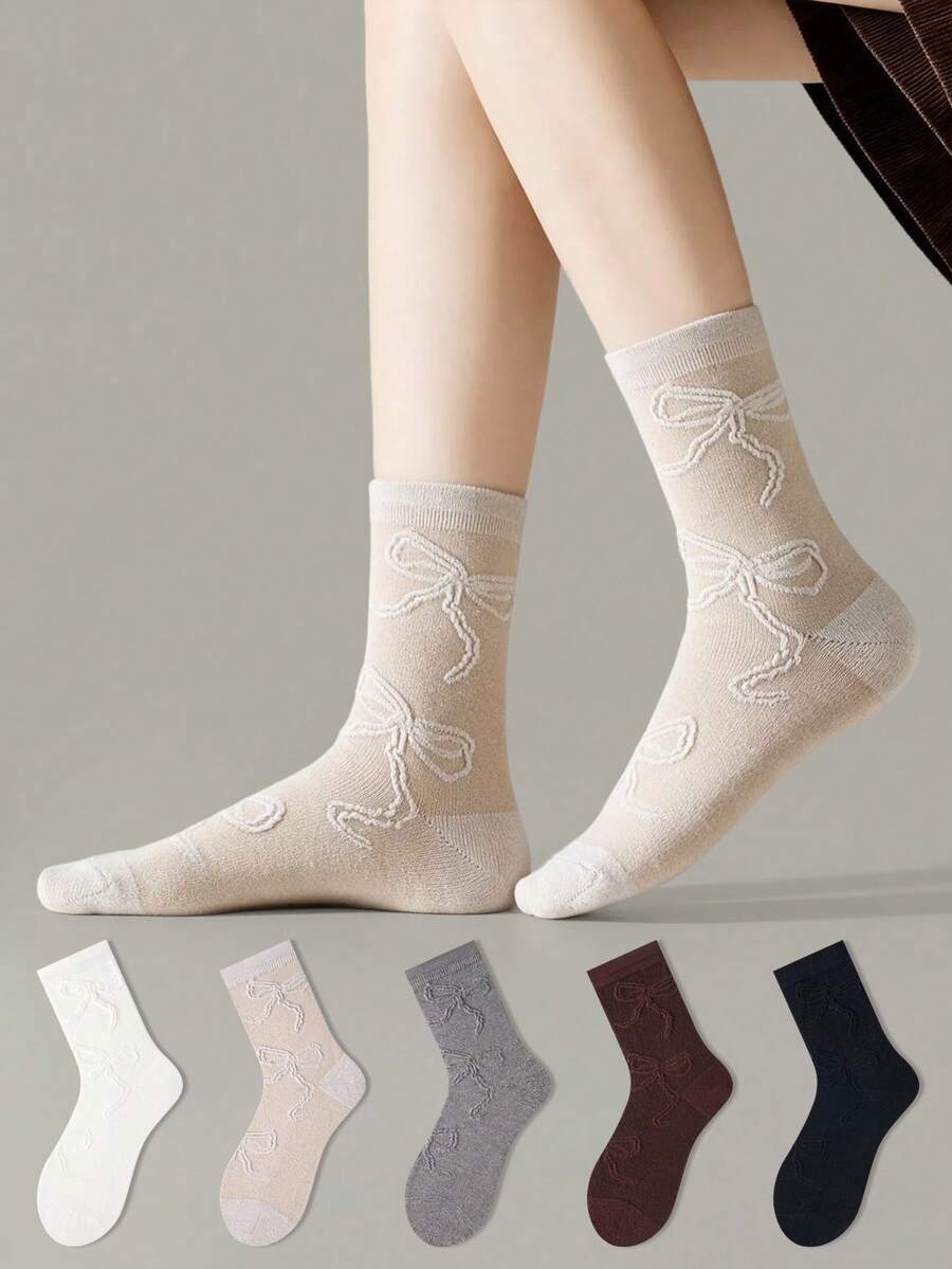 ZUJO 5 Pairs Women's Multi-Color Bowknot Textured Mid-Calf Socks, Bowknot Cable Knit, Suitable For Autumn/Winter, French Country Style, Daily Fashion Thickened, Suitable For Home And Travel, Simple And Comfortable, Random Color Shipment - Multicolor - View 1