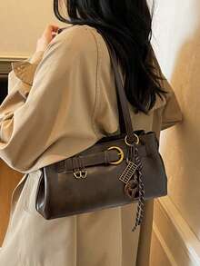 Women's Retro Decor Shoulder Bag Pu Leather Elegant Casual Tote Bag With Golden Buckle & Charm Suitable For Daily Used Dating Commuting - Coffee - View 5