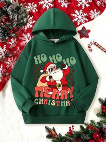 1pc Boys Hooded Sweatshirt, Printed With English Text And Santa Claus Pattern, Christmas Holiday Design, Comfortable Autumn/Winter New Top - Green - View 2