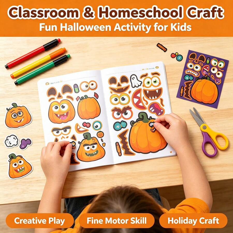 8 Sheets Halloween Make Your Own Pumpkin Stickers, Mix & Match Funny Face Pumpkin Stickers, DIY Halloween Pumpkin Decor Stickers, Kids Craft Stickers For Holiday Party Game Rewards - Multicolor - View 1