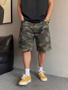 男士夏季迷彩圖案口袋寬鬆休閒無彈力純棉牛仔短褲 - 軍綠色 - 查看 2