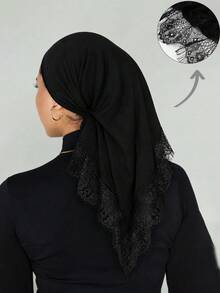 1件女款時尚純色三角巾，百搭極簡蕾絲飾邊頭巾，防曬透氣穆斯林希賈布，莫代爾輕量日常佩戴頭巾 - 睫毛蕾絲邊三角巾 - 查看 13